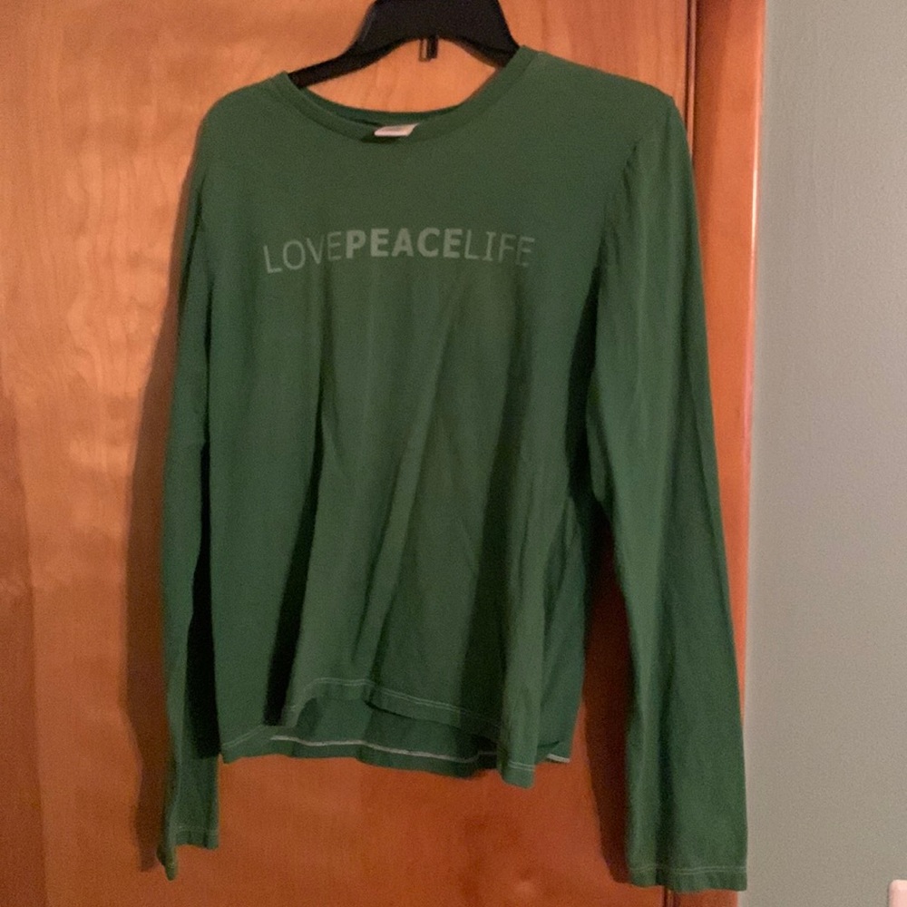 Green tee with LovePeaceLife on the front